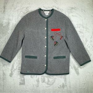 Perry Country Boiled Wool Jacket Embroidered Appliqué Pockets Grey Large Holiday